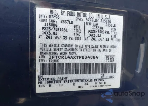 1996 Ford Ranger Super Cab из США, поврежденный, VIN 1FTCR14AXTPB34084